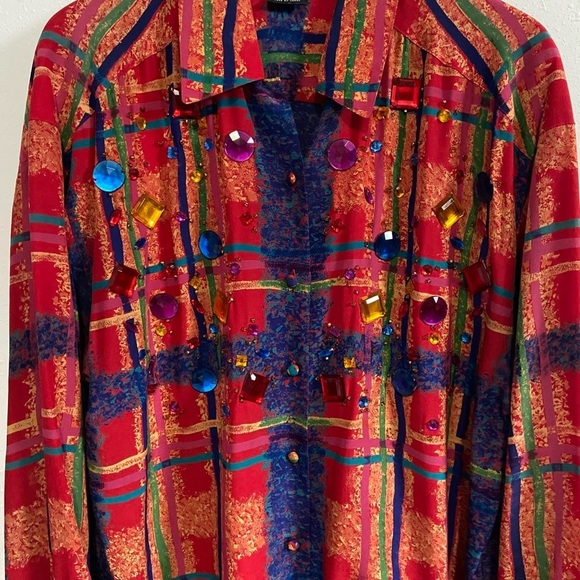 Vintage 90s Silk Jewels Bling Art To Wear Funky Blouse - Picture 3 of 5